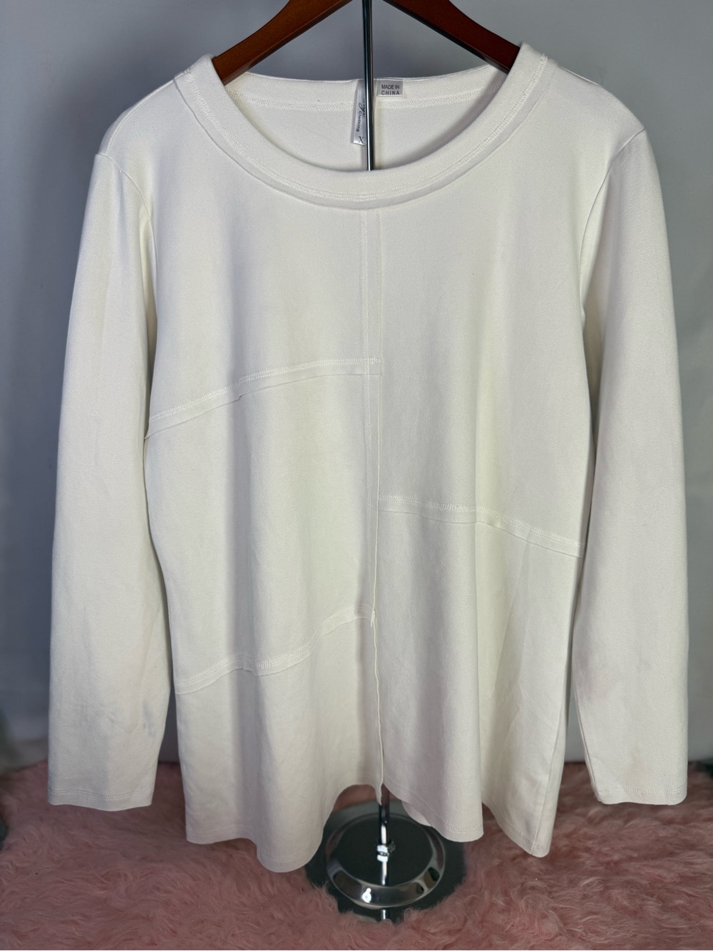 Ethyl - Vegan Suede Cream Crewneck Sweater - Classic Long Sleeve - Size XL